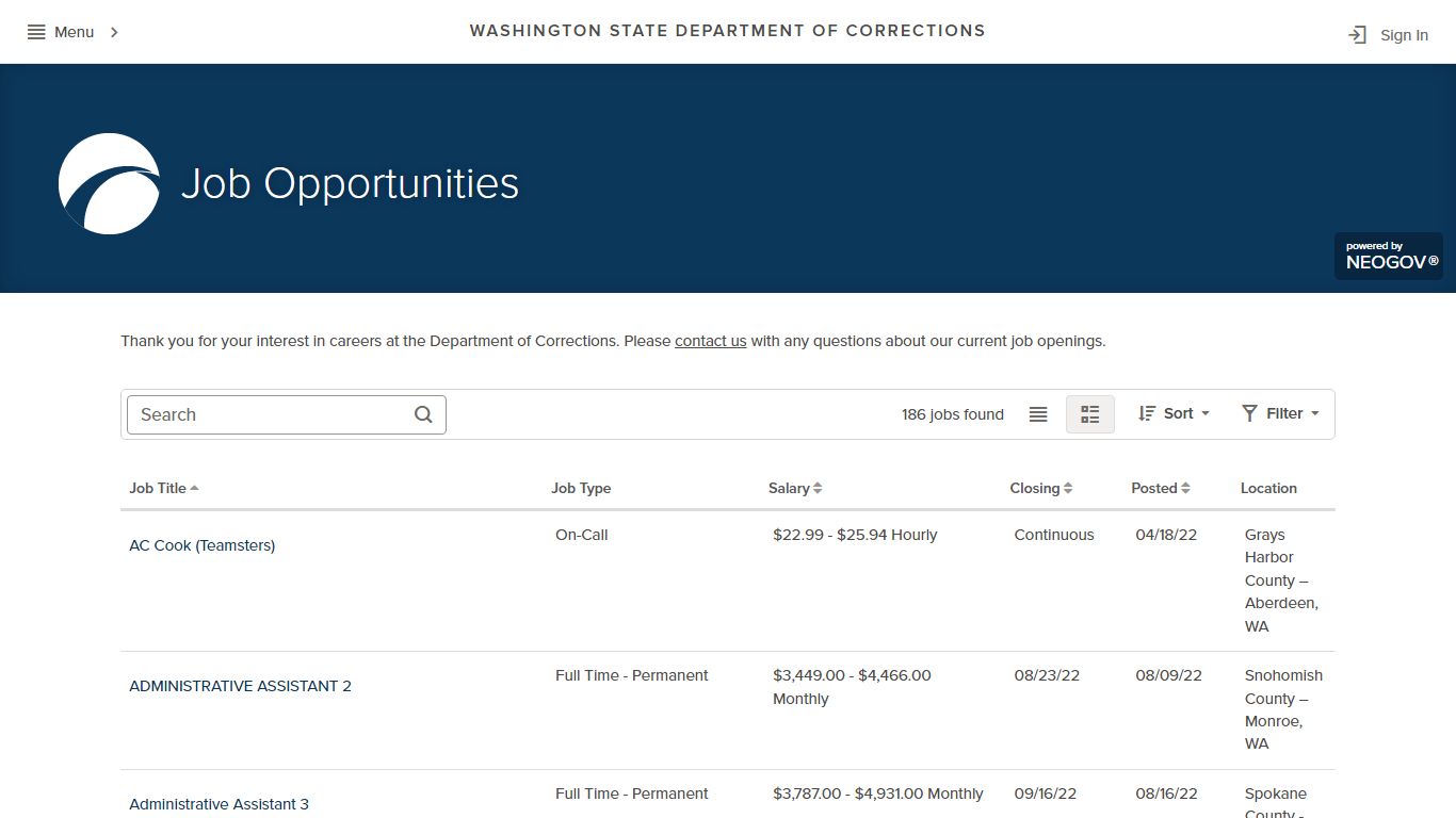 Washington State Department of Corrections | Job Opportunities